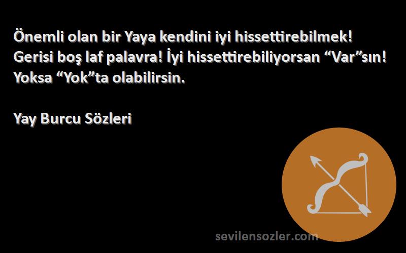 Yay Burcu  Sözleri 
Önemli olan bir Yaya kendini iyi hissettirebilmek! Gerisi boş laf palavra! İyi hissettirebiliyorsan “Var”sın! Yoksa “Yok”ta olabilirsin.
