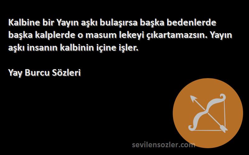 Yay Burcu  Sözleri 
Kalbine bir Yayın aşkı bulaşırsa başka bedenlerde başka kalplerde o masum lekeyi çıkartamazsın. Yayın aşkı insanın kalbinin içine işler.
