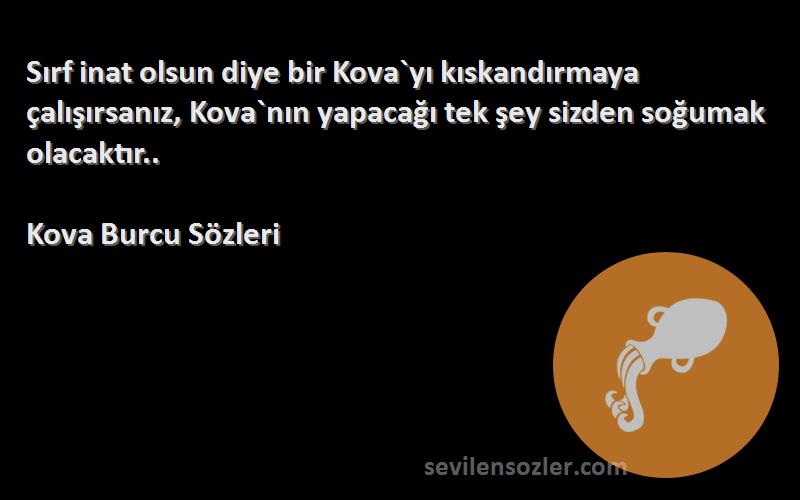 Kova Burcu  Sözleri 
Sırf inat olsun diye bir Kova`yı kıskandırmaya çalışırsanız, Kova`nın yapacağı tek şey sizden soğumak olacaktır..
