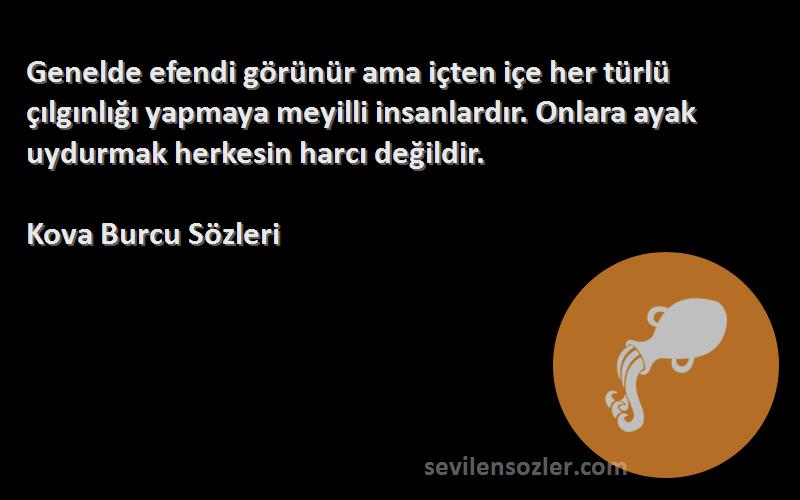 Kova Burcu  Sözleri 
Genelde efendi görünür ama içten içe her türlü çılgınlığı yapmaya meyilli insanlardır. Onlara ayak uydurmak herkesin harcı değildir.
