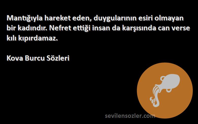 Kova Burcu  Sözleri 
Mantığıyla hareket eden, duygularının esiri olmayan bir kadındır. Nefret ettiği insan da karşısında can verse kılı kıpırdamaz.
