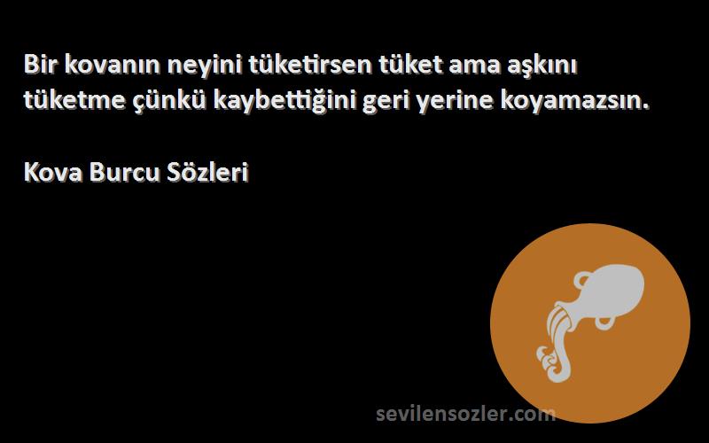 Kova Burcu  Sözleri 
Bir kovanın neyini tüketirsen tüket ama aşkını tüketme çünkü kaybettiğini geri yerine koyamazsın.
