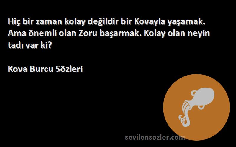 Kova Burcu  Sözleri 
Hiç bir zaman kolay değildir bir Kovayla yaşamak. Ama önemli olan Zoru başarmak. Kolay olan neyin tadı var ki?
