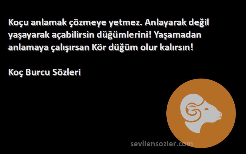 Koç Burcu  Sözleri 
Koçu anlamak çözmeye yetmez. Anlayarak değil yaşayarak açabilirsin düğümlerini! Yaşamadan anlamaya çalışırsan Kör düğüm olur kalırsın!
