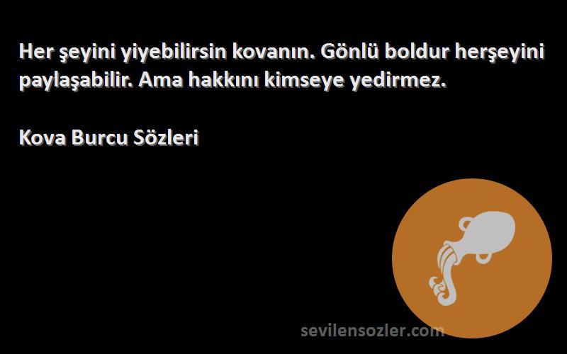 Kova Burcu  Sözleri 
Her şeyini yiyebilirsin kovanın. Gönlü boldur herşeyini paylaşabilir. Ama hakkını kimseye yedirmez.
