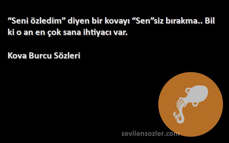 Kova Burcu  Sözleri 
“Seni özledim” diyen bir kovayı “Sen”siz bırakma.. Bil ki o an en çok sana ihtiyacı var.
