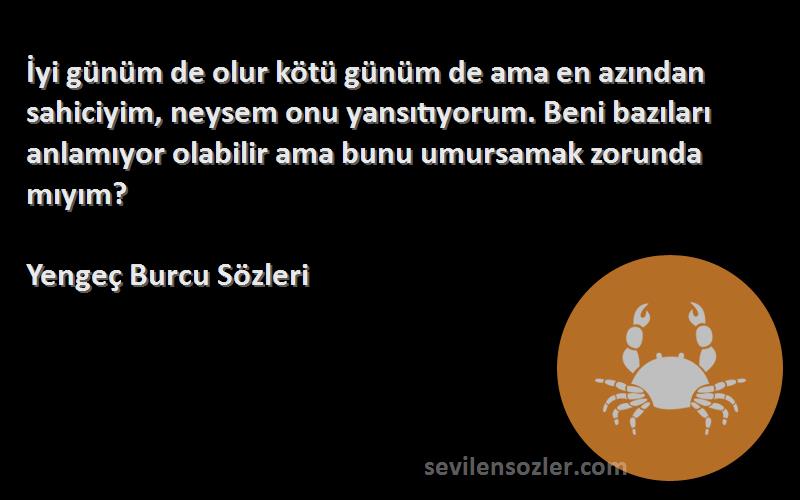 Yengeç Burcu  Sözleri 
İyi günüm de olur kötü günüm de ama en azından sahiciyim, neysem onu yansıtıyorum. Beni bazıları anlamıyor olabilir ama bunu umursamak zorunda mıyım?
