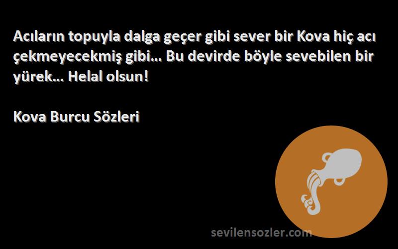 Kova Burcu  Sözleri 
Acıların topuyla dalga geçer gibi sever bir Kova hiç acı çekmeyecekmiş gibi… Bu devirde böyle sevebilen bir yürek… Helal olsun!
