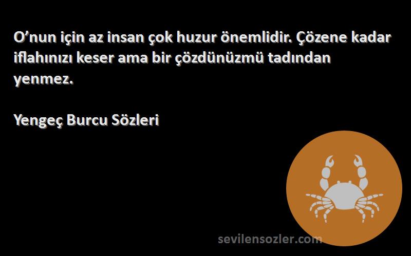 Yengeç Burcu  Sözleri 
O’nun için az insan çok huzur önemlidir. Çözene kadar iflahınızı keser ama bir çözdünüzmü tadından yenmez.
