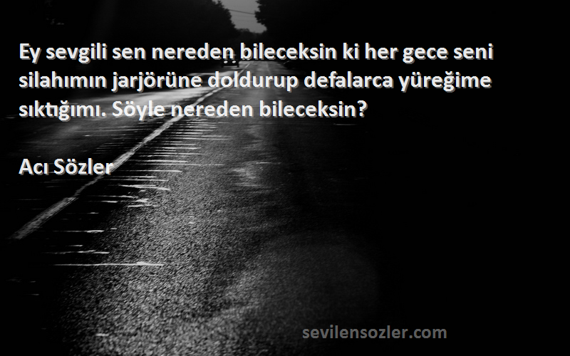 Acı Sözler Sözleri 
Ey sevgili sen nereden bileceksin ki her gece seni silahımın jarjörüne doldurup defalarca yüreğime sıktığımı. Söyle nereden bileceksin?
