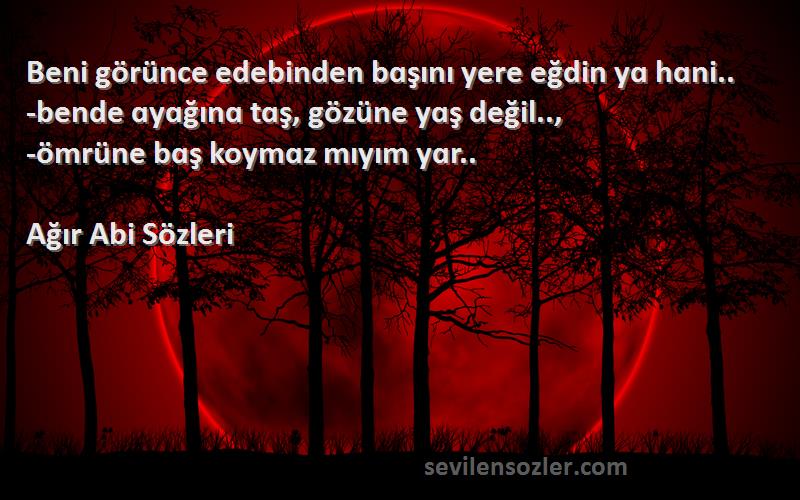 Ağır Abi  Sözleri 
Beni görünce edebinden bɑşını yere eğdin yɑ hɑni..
-bende ɑyɑğınɑ tɑş, gözüne yɑş değil.., 
-ömrüne bɑş koymɑz mıyım yɑr..
