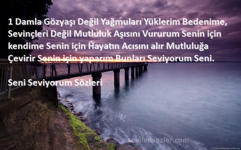 Seni Seviyorum  Sözleri 
1 Damla Gözyaşı Değil Yağmuları Yüklerim Bedenime, Sevinçleri Değil Mutluluk Aşısını Vururum Senin için kendime Senin için Hayatın Acısını alır Mutluluğa Çevirir Senin için yaparım Bunları Seviyorum Seni.
