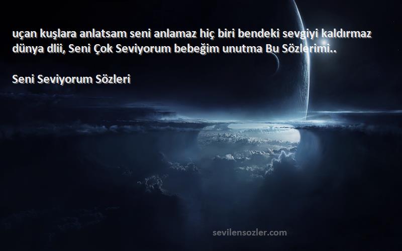 Seni Seviyorum  Sözleri 
uçan kuşlara anlatsam seni anlamaz hiç biri bendeki sevgiyi kaldırmaz dünya dlii, Seni Çok Seviyorum bebeğim unutma Bu Sözlerimi..
