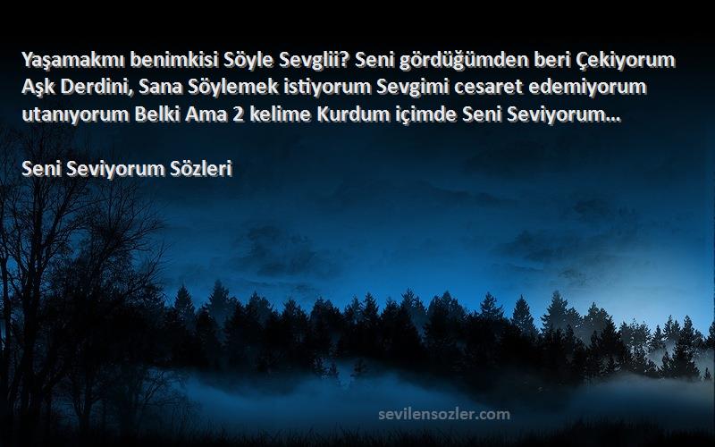 Seni Seviyorum  Sözleri 
Yaşamakmı benimkisi Söyle Sevglii? Seni gördüğümden beri Çekiyorum Aşk Derdini, Sana Söylemek istiyorum Sevgimi cesaret edemiyorum utanıyorum Belki Ama 2 kelime Kurdum içimde Seni Seviyorum…
