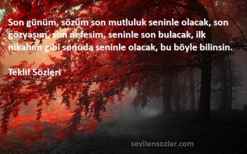 Teklif  Sözleri 
Son günüm, sözüm son mutluluk seninle olacak, son gözyaşım, son nefesim, seninle son bulacak, ilk nikahım gibi sonuda seninle olacak, bu böyle bilinsin.
