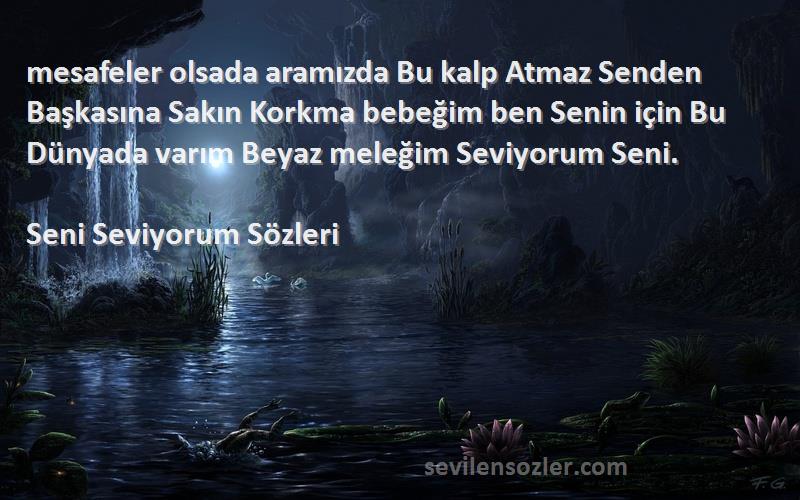 Seni Seviyorum  Sözleri 
mesafeler olsada aramızda Bu kalp Atmaz Senden Başkasına Sakın Korkma bebeğim ben Senin için Bu Dünyada varım Beyaz meleğim Seviyorum Seni.
