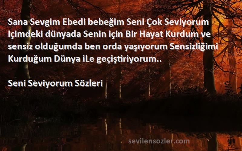 Seni Seviyorum  Sözleri 
Sana Sevgim Ebedi bebeğim Seni Çok Seviyorum içimdeki dünyada Senin için Bir Hayat Kurdum ve sensiz olduğumda ben orda yaşıyorum Sensizliğimi Kurduğum Dünya iLe geçiştiriyorum..
