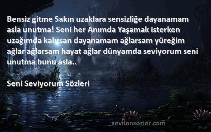 Seni Seviyorum  Sözleri 
Bensiz gitme Sakın uzaklara sensizliğe dayanamam asla unutma! Seni her Anımda Yaşamak isterken uzağımda kalırsan dayanamam ağlarsam yüreğim ağlar ağlarsam hayat ağlar dünyamda seviyorum seni unutma bunu asla..
