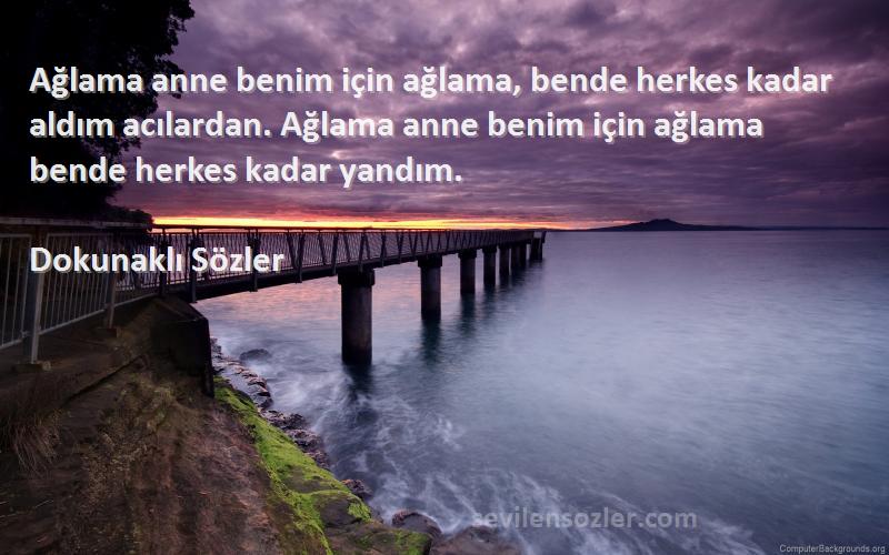 Dokunaklı Sözler Sözleri 
Ağlama anne benim için ağlama, bende herkes kadar aldım acılardan. Ağlama anne benim için ağlama bende herkes kadar yandım.
