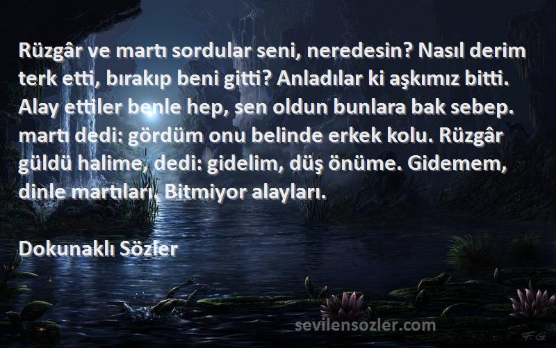 Dokunaklı Sözler Sözleri 
Rüzgâr ve martı sordular seni, neredesin? Nasıl derim terk etti, bırakıp beni gitti? Anladılar ki aşkımız bitti. Alay ettiler benle hep, sen oldun bunlara bak sebep. martı dedi: gördüm onu belinde erkek kolu. Rüzgâr güldü halime, dedi: gidelim, düş önüme. Gidemem, dinle martıları. Bitmiyor alayları.
