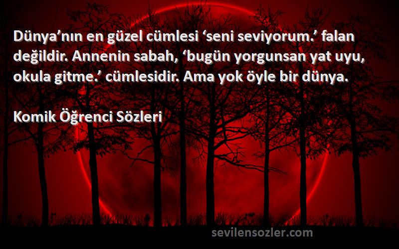 Komik Öğrenci  Sözleri 
Dünya’nın en güzel cümlesi ‘seni seviyorum.’ falan değildir. Annenin sabah, ‘bugün yorgunsan yat uyu, okula gitme.’ cümlesidir. Ama yok öyle bir dünya.
