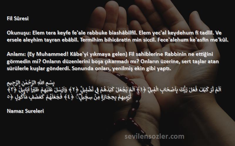 Namaz Sureleri Sözleri 
Fil Sûresi

Okunuşu: Elem tera keyfe fe'ale rabbuke biashâbilfîl. Elem yec'al keydehum fî tadlîl. Ve ersele aleyhim tayran ebâbîl. Termîhim bihicâratin min siccîl. Fece'alehum ke'asfin me'kûl.

Anlamı: (Ey Muhammed! Kâbe'yi yıkmaya gelen) Fil sahiblerine Rabbinin ne ettiğini görmedin mi? Onların düzenlerini boşa çıkarmadı mı? Onların üzerine, sert taşlar atan sürülerle kuşlar gönderdi. Sonunda onları, yenilmiş ekin gibi yaptı.

بِسْمِ اللّٰهِ الرَّحْمٰنِ الرَّح۪يمِ
اَلَمْ تَرَ كَيْفَ فَعَلَ رَبُّكَ بِاَصْحَابِ الْف۪يلِۜ ﴿١﴾ اَلَمْ يَجْعَلْ كَيْدَهُمْ ف۪ي تَضْل۪يلٍۙ ﴿٢﴾ وَاَرْسَلَ عَلَيْهِمْ طَيْراً اَبَاب۪يلَۙ ﴿٣﴾ تَرْم۪يهِمْ بِحِجَارَةٍ مِنْ سِجّ۪يلٍۖۙ ﴿٤﴾ فَجَعَلَهُمْ كَعَصْفٍ مَأْكُولٍ ﴿٥