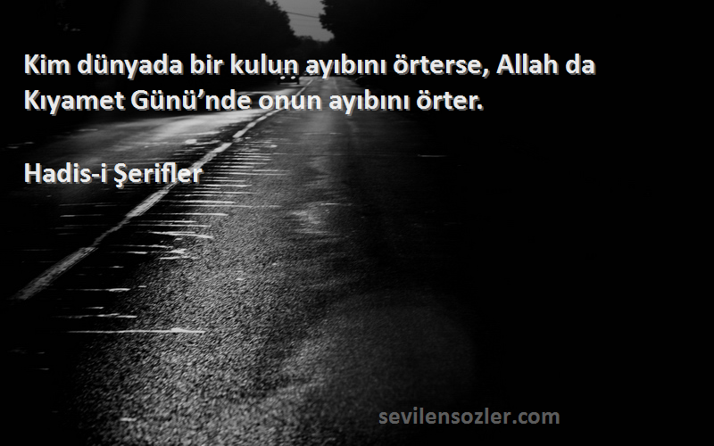 Hadis-i Şerifler Sözleri 
Kim dünyada bir kulun ayıbını örterse, Allah da Kıyamet Günü’nde onun ayıbını örter.
