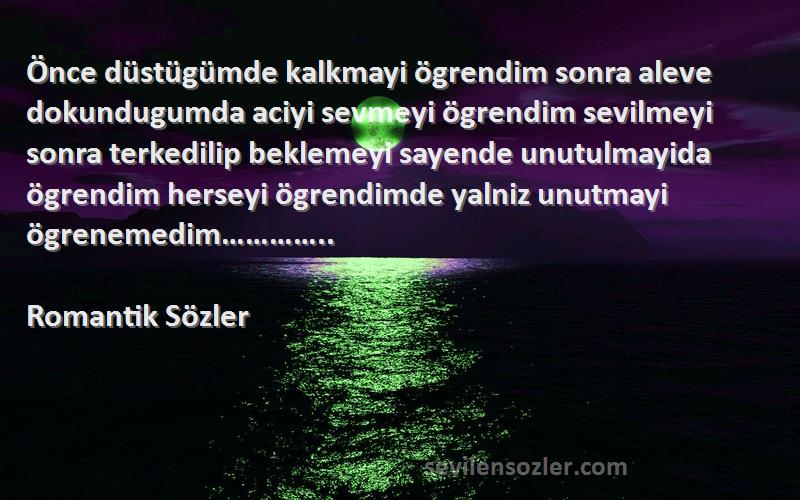 Romantik Sözler Sözleri 
Önce düstügümde kalkmayi ögrendim sonra aleve dokundugumda aciyi sevmeyi ögrendim sevilmeyi sonra terkedilip beklemeyi sayende unutulmayida ögrendim herseyi ögrendimde yalniz unutmayi ögrenemedim…………..
