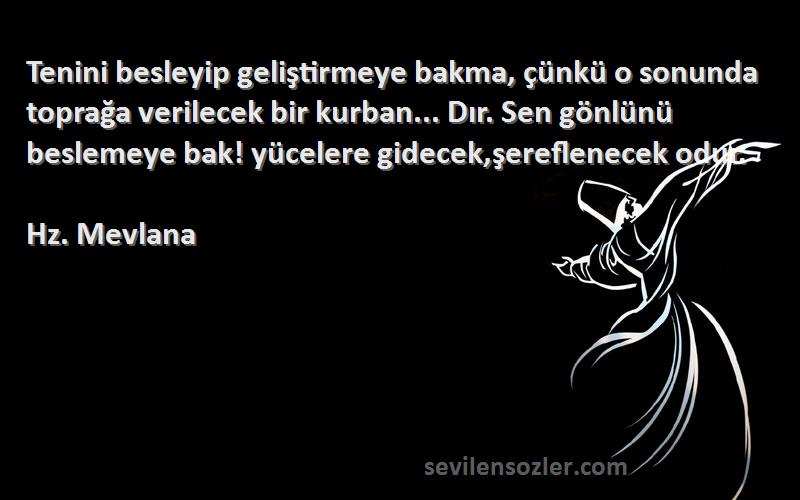 Hz. Mevlana Sözleri 
Tenini besleyip geliştirmeye bakma, çünkü o sonunda toprağa verilecek bir kurban... Dır. Sen gönlünü beslemeye bak! yücelere gidecek,şereflenecek odur.