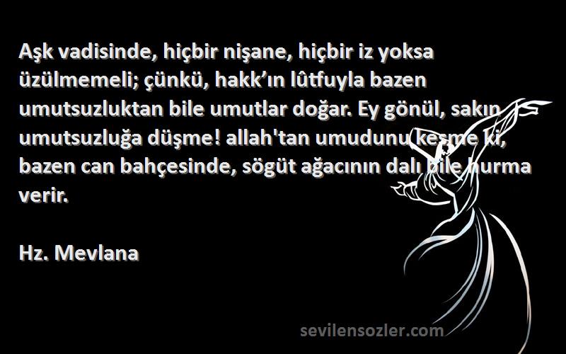 Hz. Mevlana Sözleri 
Aşk vadisinde, hiçbir nişane, hiçbir iz yoksa üzülmemeli; çünkü, hakk’ın lûtfuyla bazen umutsuzluktan bile umutlar doğar. Ey gönül, sakın umutsuzluğa düşme! allah'tan umudunu kesme ki, bazen can bahçesinde, sögüt ağacının dalı bile hurma verir.