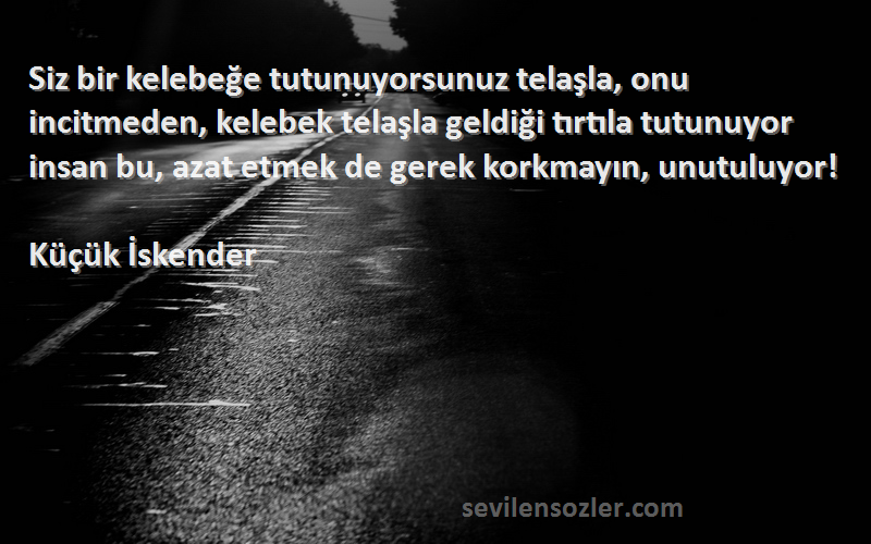 Küçük İskender Sözleri 
Siz bir kelebeğe tutunuyorsunuz telaşla, onu incitmeden, kelebek telaşla geldiği tırtıla tutunuyor insan bu, azat etmek de gerek korkmayın, unutuluyor!