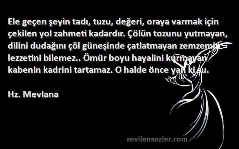 Hz. Mevlana Sözleri 
Ele geçen şeyin tadı, tuzu, değeri, oraya varmak için çekilen yol zahmeti kadardır. Çölün tozunu yutmayan, dilini dudağını çöl güneşinde çatlatmayan zemzemin lezzetini bilemez.. Ömür boyu hayalini kurmayan kabenin kadrini tartamaz. O halde önce yan ki su.