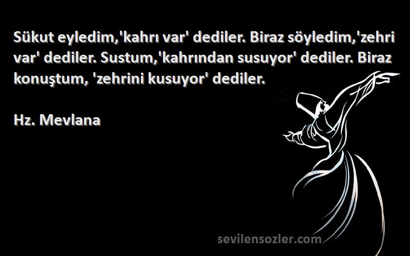 Hz. Mevlana Sözleri 
Sükut eyledim,'kahrı var' dediler. Biraz söyledim,'zehri var' dediler. Sustum,'kahrından susuyor' dediler. Biraz konuştum, 'zehrini kusuyor' dediler.