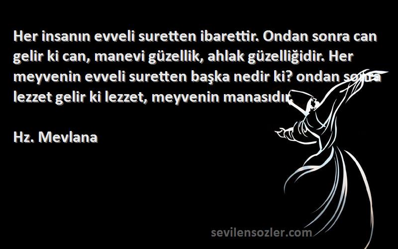 Hz. Mevlana Sözleri 
Her insanın evveli suretten ibarettir. Ondan sonra can gelir ki can, manevi güzellik, ahlak güzelliğidir. Her meyvenin evveli suretten başka nedir ki? ondan sonra lezzet gelir ki lezzet, meyvenin manasıdır.