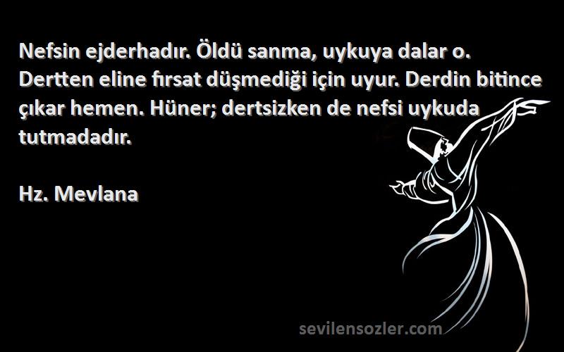 Hz. Mevlana Sözleri 
Nefsin ejderhadır. Öldü sanma, uykuya dalar o. Dertten eline fırsat düşmediği için uyur. Derdin bitince çıkar hemen. Hüner; dertsizken de nefsi uykuda tutmadadır.