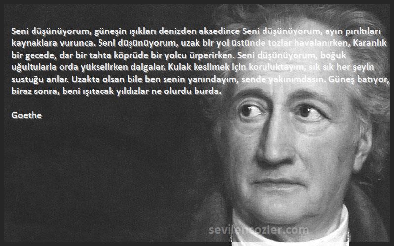 Goethe Sözleri 
Seni düşünüyorum, güneşin ışıkları denizden aksedince Seni düşünüyorum, ayın pırıltıları kaynaklara vurunca. Seni düşünüyorum, uzak bir yol üstünde tozlar havalanırken, Karanlık bir gecede, dar bir tahta köprüde bir yolcu ürperirken. Seni düşünüyorum, boğuk uğultularla orda yükselirken dalgalar. Kulak kesilmek için koruluktayım, sık sık her şeyin sustuğu anlar. Uzakta olsan bile ben senin yanındayım, sende yakınımdasın. Güneş batıyor, biraz sonra, beni ışıtacak yıldızlar ne olurdu burda.