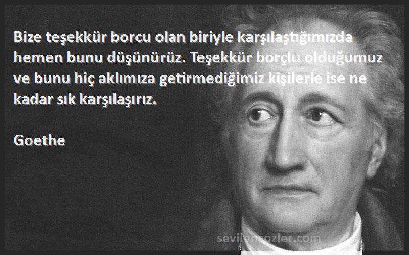 Goethe Sözleri 
Bize teşekkür borcu olan biriyle karşılaştığımızda hemen bunu düşünürüz. Teşekkür borçlu olduğumuz ve bunu hiç aklımıza getirmediğimiz kişilerle ise ne kadar sık karşılaşırız.