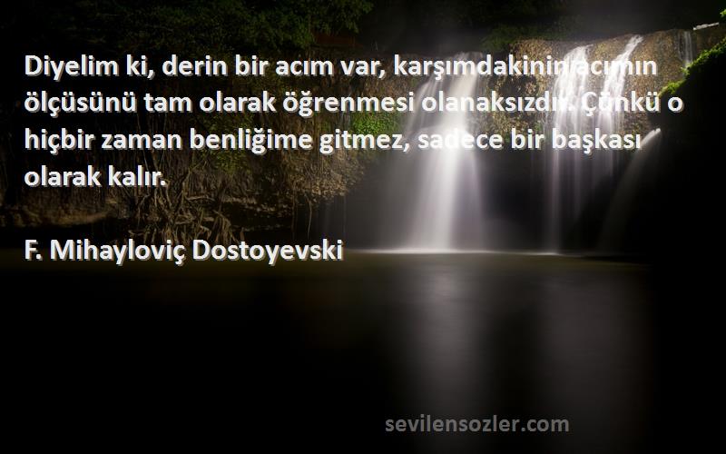 F. Mihayloviç Dostoyevski Sözleri 
Diyelim ki, derin bir acım var, karşımdakinin acımın ölçüsünü tam olarak öğrenmesi olanaksızdır. Çünkü o hiçbir zaman benliğime gitmez, sadece bir başkası olarak kalır.