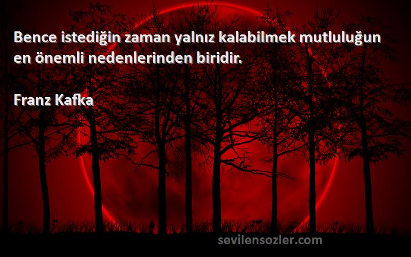 Franz Kafka Sözleri 
Bence istediğin zaman yalnız kalabilmek mutluluğun en önemli nedenlerinden biridir.