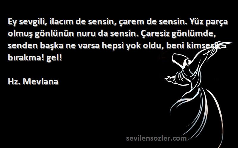 Hz. Mevlana Sözleri 
Ey sevgili, ilacım de sensin, çarem de sensin. Yüz parça olmuş gönlünün nuru da sensin. Çaresiz gönlümde, senden başka ne varsa hepsi yok oldu, beni kimsesiz bırakma! gel!