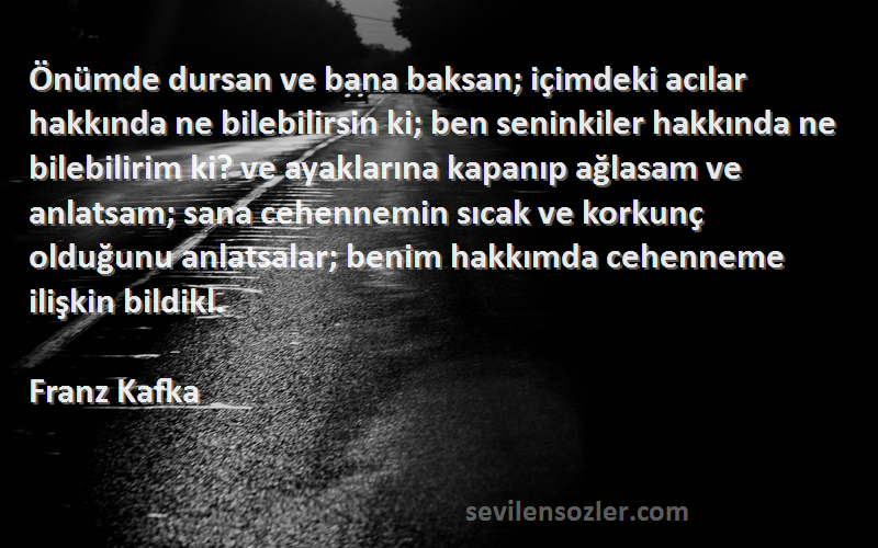 Franz Kafka Sözleri 
Önümde dursan ve bana baksan; içimdeki acılar hakkında ne bilebilirsin ki; ben seninkiler hakkında ne bilebilirim ki? ve ayaklarına kapanıp ağlasam ve anlatsam; sana cehennemin sıcak ve korkunç olduğunu anlatsalar; benim hakkımda cehenneme ilişkin bildikl.