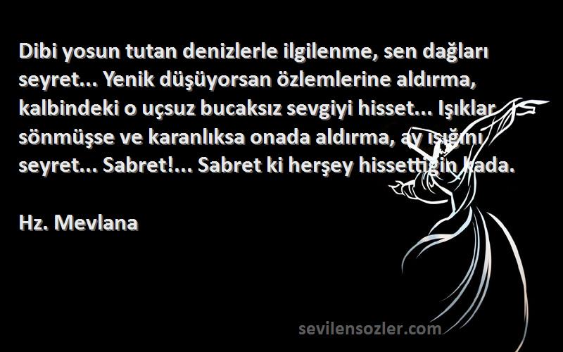 Hz. Mevlana Sözleri 
Dibi yosun tutan denizlerle ilgilenme, sen dağları seyret... Yenik düşüyorsan özlemlerine aldırma, kalbindeki o uçsuz bucaksız sevgiyi hisset... Işıklar sönmüşse ve karanlıksa onada aldırma, ay ışığını seyret... Sabret!... Sabret ki herşey hissettiğin kada.
