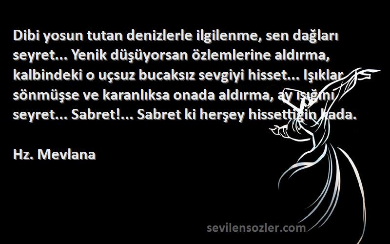 Hz. Mevlana Sözleri 
Dibi yosun tutan denizlerle ilgilenme, sen dağları seyret... Yenik düşüyorsan özlemlerine aldırma, kalbindeki o uçsuz bucaksız sevgiyi hisset... Işıklar sönmüşse ve karanlıksa onada aldırma, ay ışığını seyret... Sabret!... Sabret ki herşey hissettiğin kada.