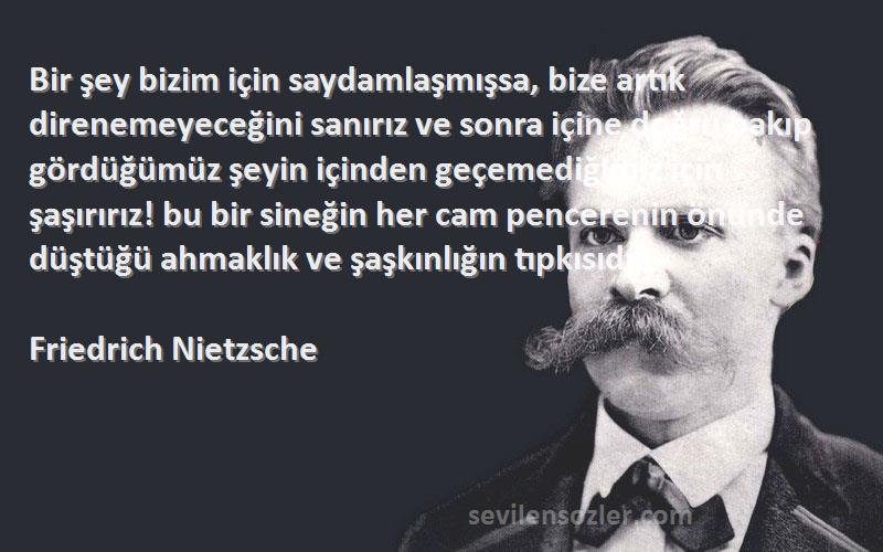 Friedrich Nietzsche Sözleri 
Bir şey bizim için saydamlaşmışsa, bize artık direnemeyeceğini sanırız ve sonra içine doğru bakıp gördüğümüz şeyin içinden geçemediğimiz için şaşırırız! bu bir sineğin her cam pencerenin önünde düştüğü ahmaklık ve şaşkınlığın tıpkısıdır.