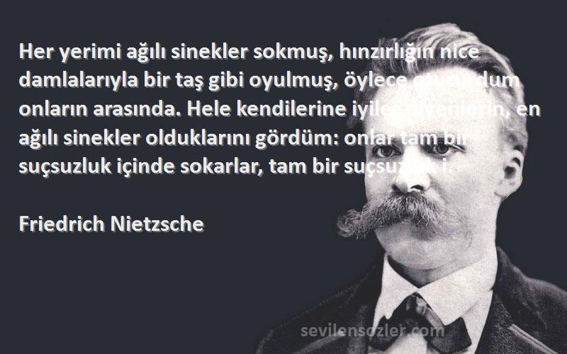 Friedrich Nietzsche Sözleri 
Her yerimi ağılı sinekler sokmuş, hınzırlığın nice damlalarıyla bir taş gibi oyulmuş, öylece otururdum onların arasında. Hele kendilerine iyiler diyenlerin, en ağılı sinekler olduklarını gördüm: onlar tam bir suçsuzluk içinde sokarlar, tam bir suçsuzluk i.