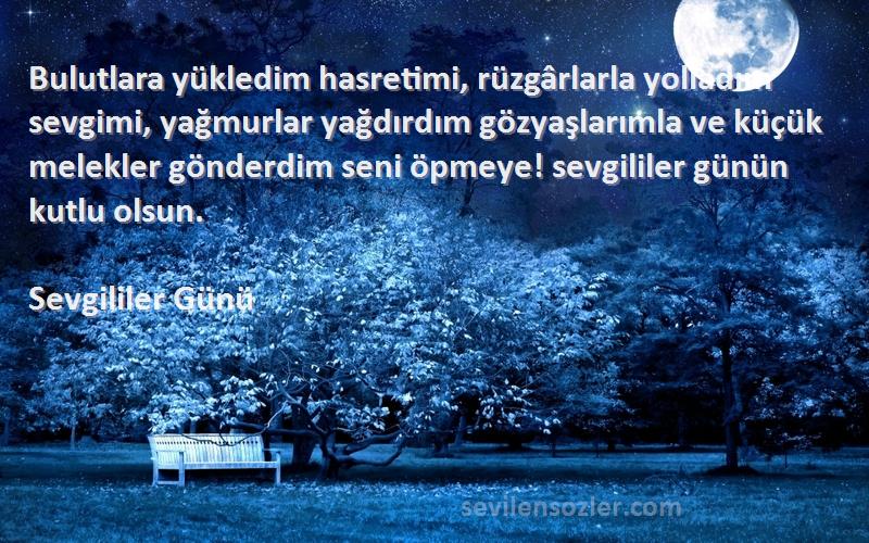 Sevgililer Günü Sözleri 
Bulutlara yükledim hasretimi, rüzgârlarla yolladım sevgimi, yağmurlar yağdırdım gözyaşlarımla ve küçük melekler gönderdim seni öpmeye! sevgililer günün kutlu olsun.