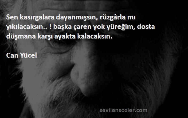 Can Yücel Sözleri 
Sen kasırgalara dayanmışsın, rüzgârla mı yıkılacaksın.. ! başka çaren yok yüreğim, dosta düşmana karşı ayakta kalacaksın.