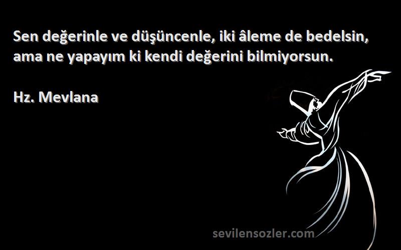 Hz. Mevlana - Sen değerinle ve düşüncenle, iki âleme de bedelsin, ama ne yapayım ki kendi değerini bilmiyorsun.