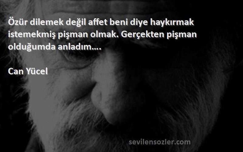 Can Yücel Sözleri 
Özür dilemek değil affet beni diye haykırmak istemekmiş pişman olmak. Gerçekten pişman olduğumda anladım….