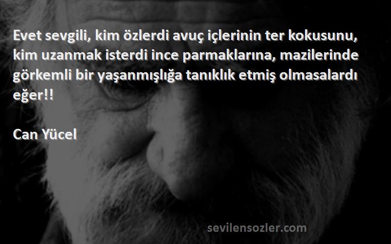 Can Yücel Sözleri 
Evet sevgili, kim özlerdi avuç içlerinin ter kokusunu, kim uzanmak isterdi ince parmaklarına, mazilerinde görkemli bir yaşanmışlığa tanıklık etmiş olmasalardı eğer!!